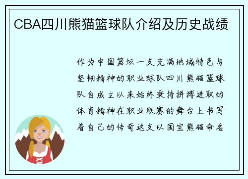 CBA四川熊猫篮球队介绍及历史战绩